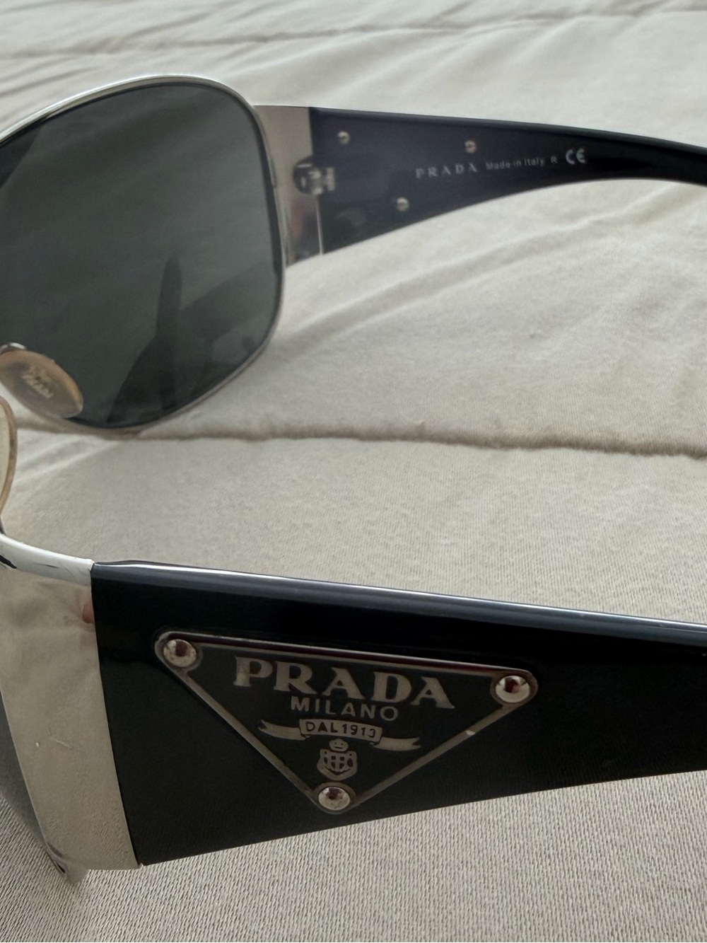 Prada Silver Frame Black Lens Shield Sunglasses Y2K w/Box and Case Cloth - Picture 6 of 10